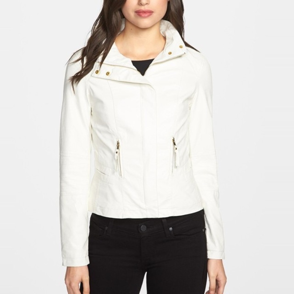 Faux Leather White Moto Jacket with Gold Hardware